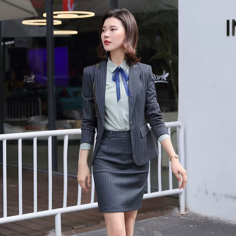 经典免烫条纹西服外套女士职业装女套装长袖西装套裙上班工作服