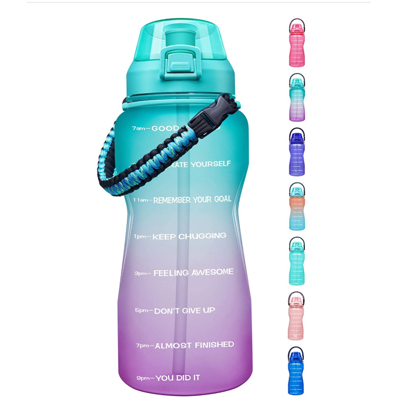 2200ml塑料水杯带着时间刻度激励语便携式水杯带吸管喷漆健身水杯