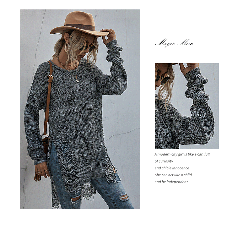 Einfarbiger, langärmeliger Rundhalspullover mit Rissen im Waldstil_voghion.com