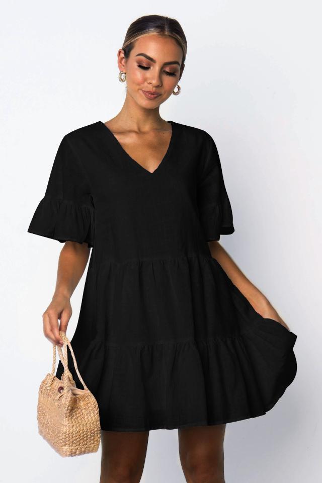 summer V-neck short-sleeved solid color loose pleated dress NSYD3883