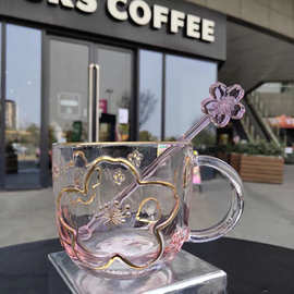 新款樱花玻璃杯日本樱花玻璃水杯咖啡杯男女礼品情侣水杯吸管杯