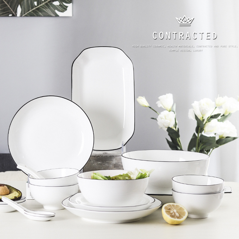 Nordic household simple creative 4-8 people black line ceramic plate dishes tableware set can be customized with LOGO