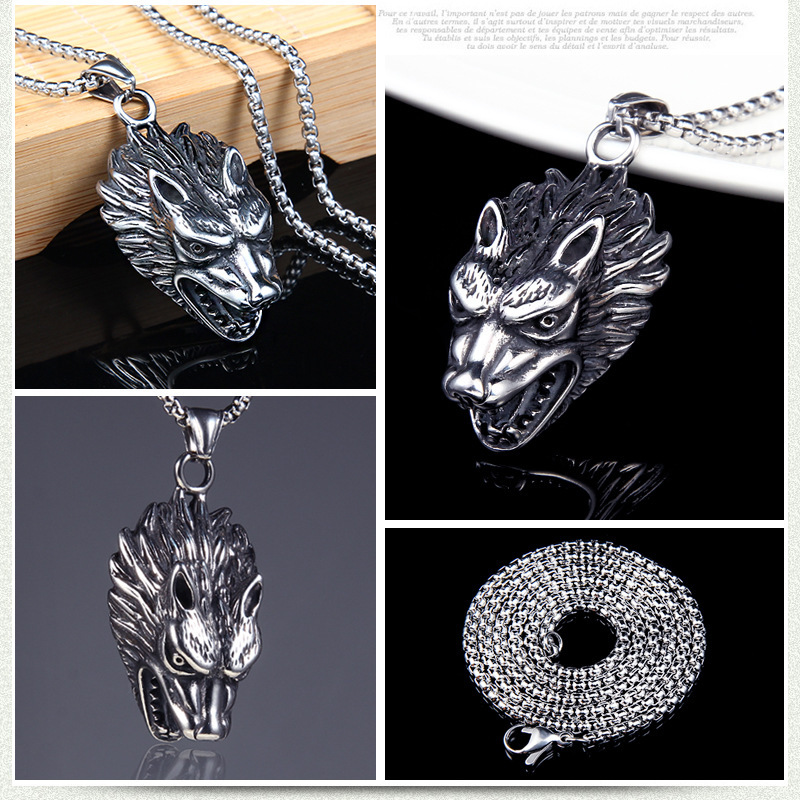 Wolf Head Pendant Necklace Titanium Steel Battle Axe For Men_voghion.com