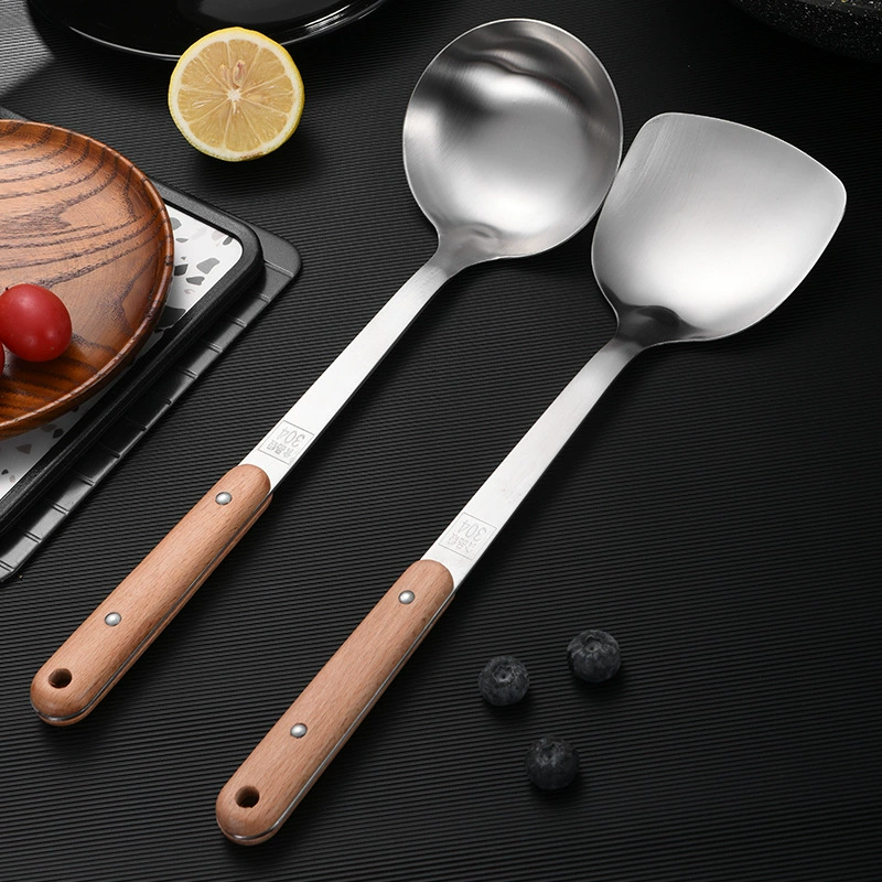 304 нержавеющая сталь удлиненная деревянная ручка шпатель суповая ложка Бытовая Кухня кухонная Лопата для приготовления пищи ложка для каши кухонная ложка посуда