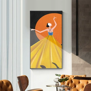 现代玄关装饰画走廊过道挂画人物落地画轻奢人物楼梯橙色壁画
