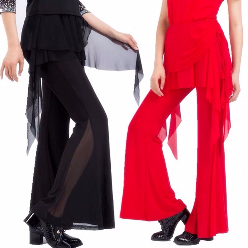 Black red flowy fringe skirt Latin dance pants for women  clothing Latin dance pants show dance horn trousers for woman