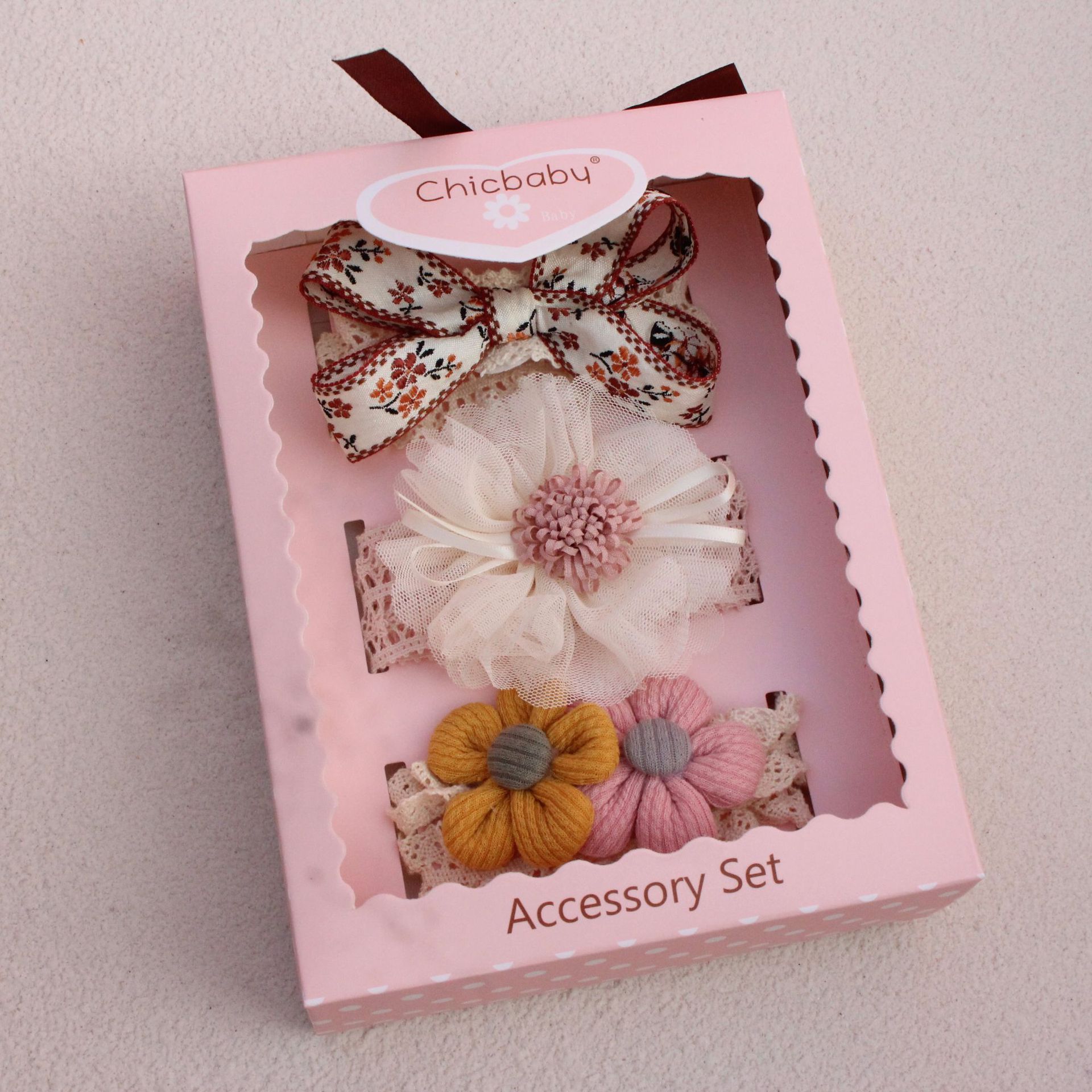 米色纱花发带套装