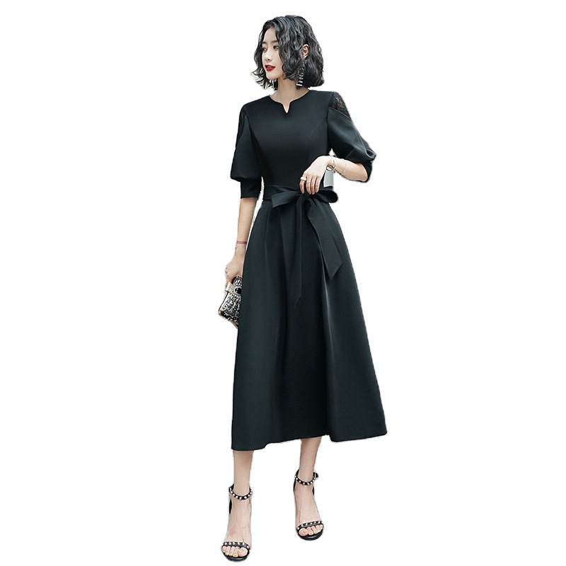Vestido de noche negro para mujer, elegante, de longitud media, simple y elegante, vestido se puede usar más tamaño en tiempos ordinarios