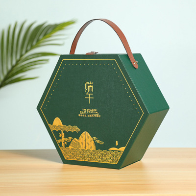 厂家直销端午节绿色纸质手提6边形六角礼品收纳包装盒礼盒粽子盒