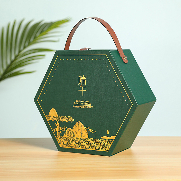 厂家直销端午节绿色纸质手提6边形六角礼品收纳包装盒礼盒粽子盒