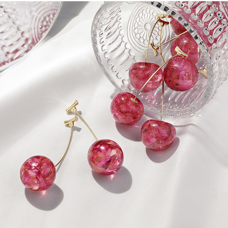 New Fashion  Cute Girl Cherries Gentle Pink Dried Flowers Cherry Earrings Wholesale Nihaojewelry display picture 7