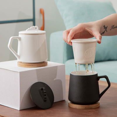 创意办公杯家用带盖花茶水杯陶瓷茶水分离杯四件礼盒名仕杯lg定制