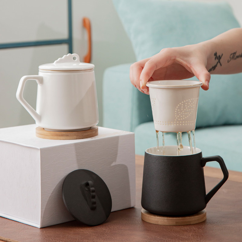 创意办公杯家用带盖花茶水杯陶瓷茶水分离杯四件礼盒名仕杯lg定制