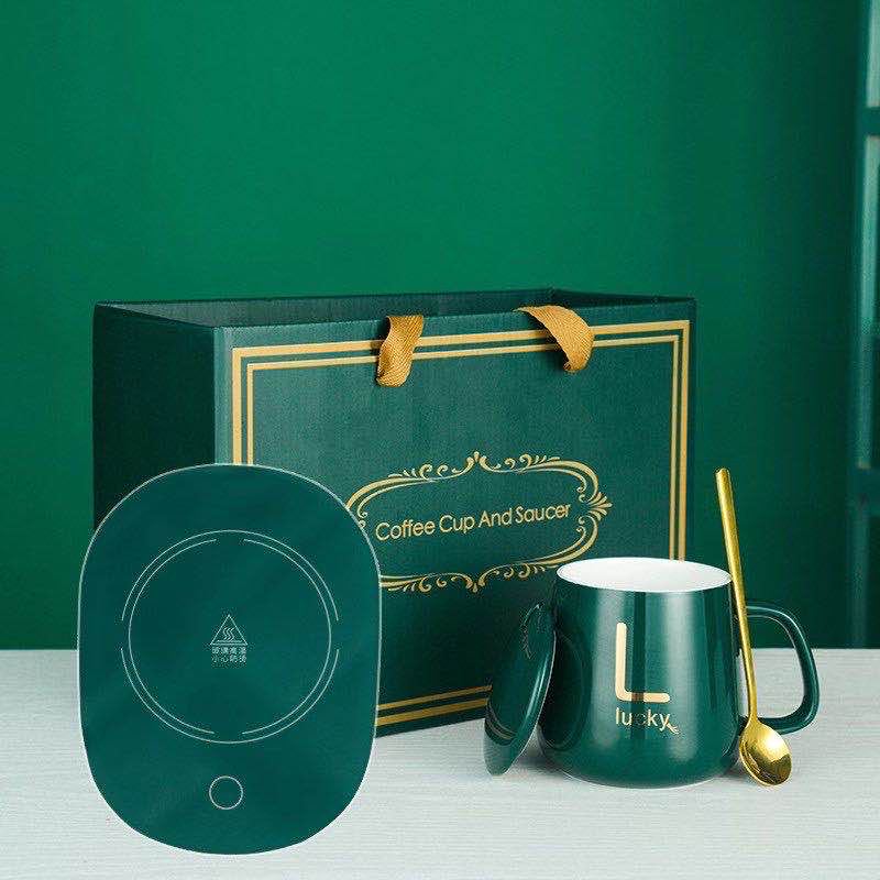 恒温暖暖杯保温马克杯带盖勺办公室加热器早餐咖啡保温杯热牛奶杯