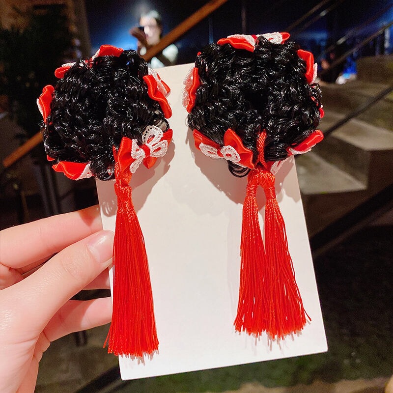 Factory Direct Supply Children's Wig Ball Hair Circle Tassel Ribbon Little Girl Bud Headwear Stage Performance Hair Accessories
