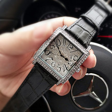 专柜正品新款正品大表盘女士手表方形镶钻石英真皮带满钻潮流腕表
