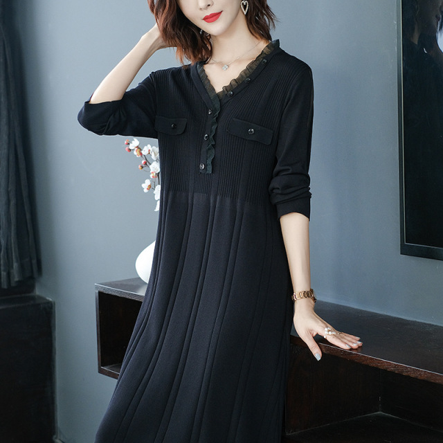 Korean sexy mesh edge V-neck Pullover dress loose medium length knitted A-line skirt for women