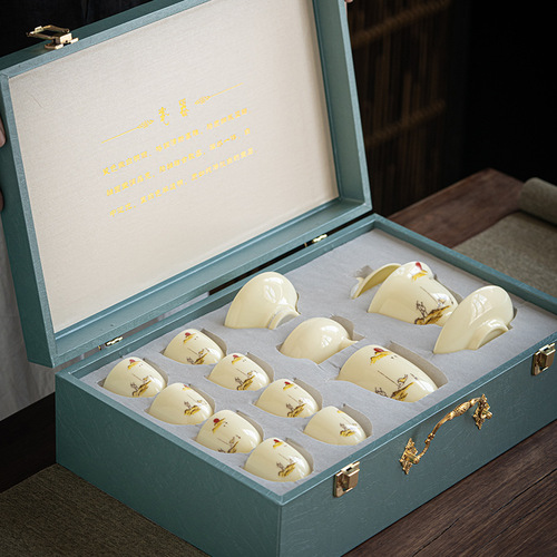 Lamplighter Jade Cover Bowl Gem Yellow Tea Set Gift Eight Cup Gongfu Ceramic Tea Set Wholesale