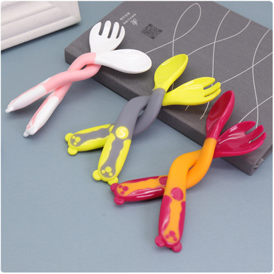 儿童扭扭叉勺套装婴儿便携式餐具宝宝学吃饭训练  勺子可弯曲母婴