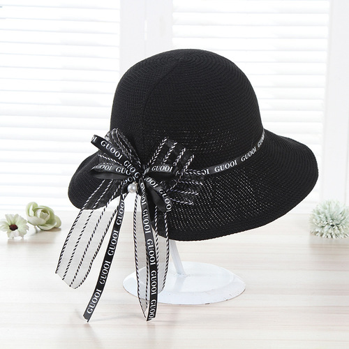 夏季新款草帽蝴蝶结可折叠时尚盆帽 女士百搭遮阳时尚渔夫帽批发