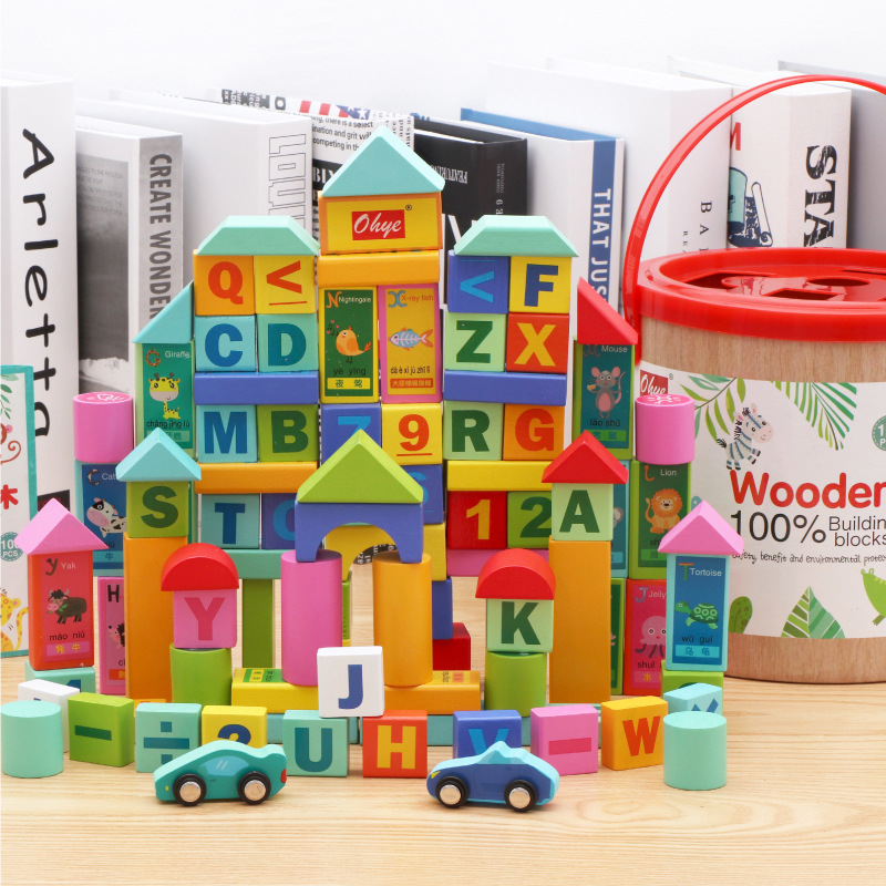 100粒桶装积木儿童木质字母木头拼装宝宝玩具幼儿早教厂家批发