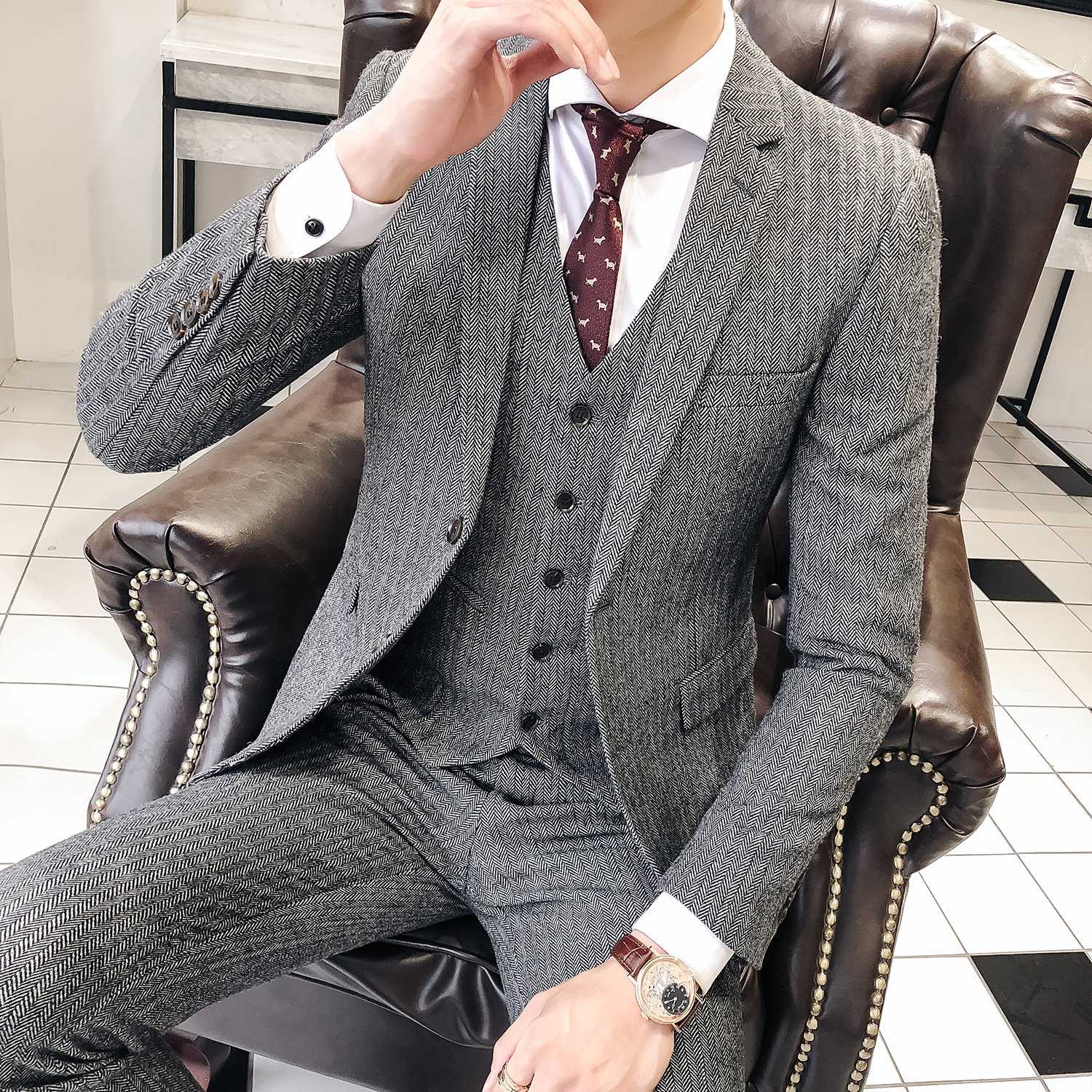 Men's Suit British Slim Fit Wool Herringbone Oblique One-Button Suit Three-Piece Suit Men's Suit Trousers Vest