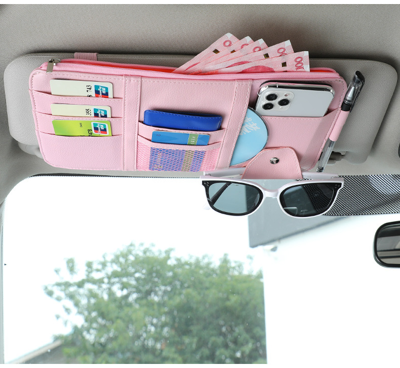 Cross-Border Car Sun Visor Glasses Clip Zipper Type Car Ticket Holder Sunshade Car Phone and Document Holder Storage Bag