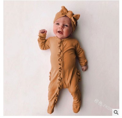 Wish European And American Ins Climbing Clothes Children's Clothes Baby Clothes Solid Color Long-sleeved Wooden Ears Cute One-piece Romper