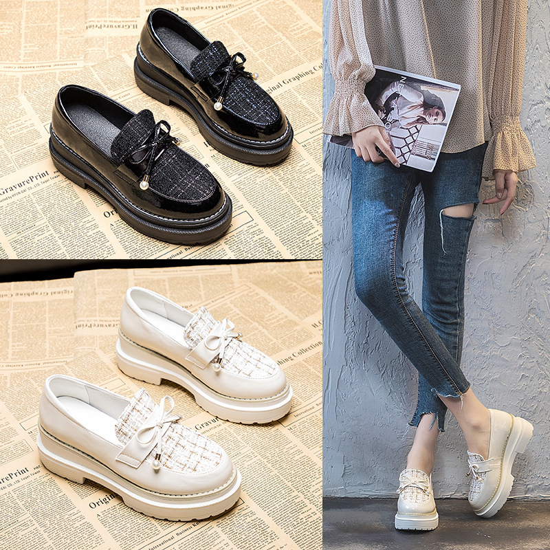 2021 New Thick-Soled Small Incense Shoes Women's Slope With Bow Lefo Shoes Low Help Round-Headed Casual Lazy Single-Shoe Girl