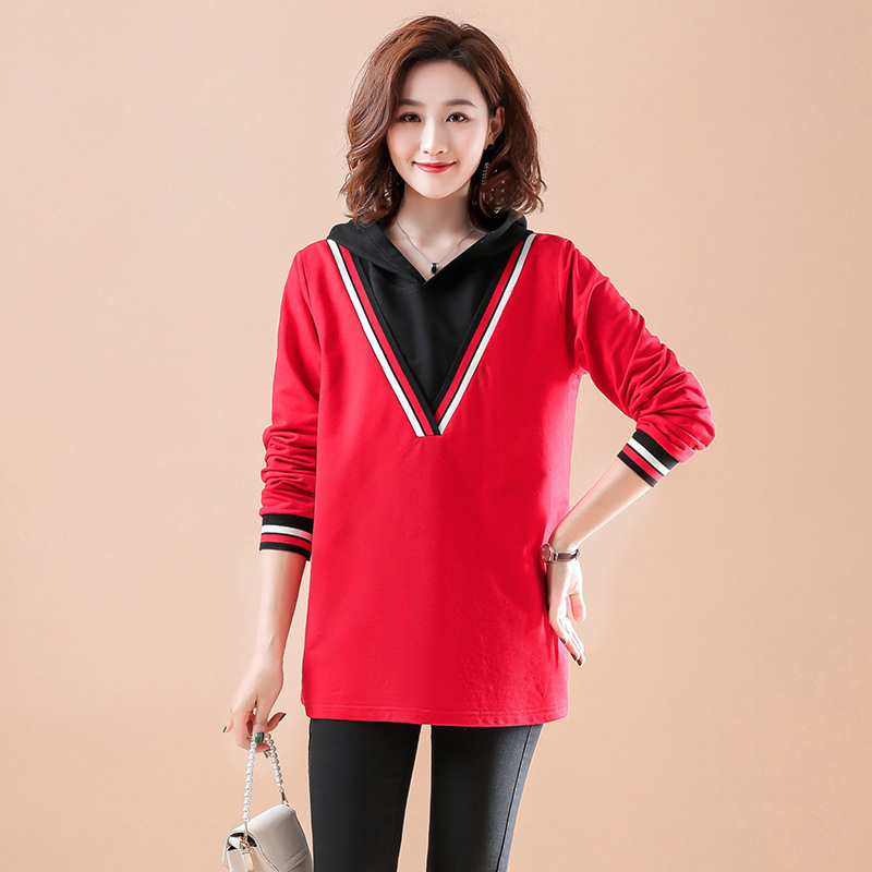 Real shot goods in stock spring and autumn new pattern mm Large Women's wear Hit color Hooded Easy Sweater Long sleeve jacket 2008