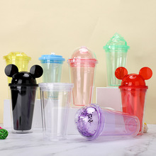 批发定购双层塑料水杯 创意可爱学生杯子户外便携双层透明吸管杯