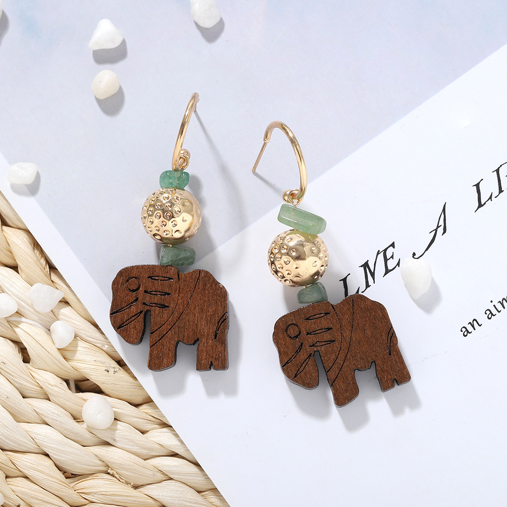 New Fashion Creative Wood Carving Artificial Gems Stitching Cute Elephant Long Earrings For Women Wholesale display picture 5