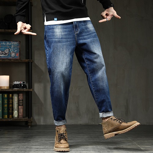 Men's plus size wide leg jeans, fat person small foot pants, straight leg loose elastic jeans, men's clothing