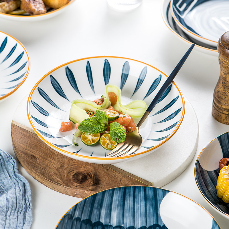 批发日式餐具机印釉下彩家用陶瓷盘7寸圆盘菜盘深盘子创意网红款|ru