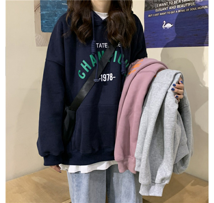 Felpa con cappuccio sottile con stampa di lettere in stile coreano, autunno 2025, da donna, versatile e ampia, per studenti_voghion.com