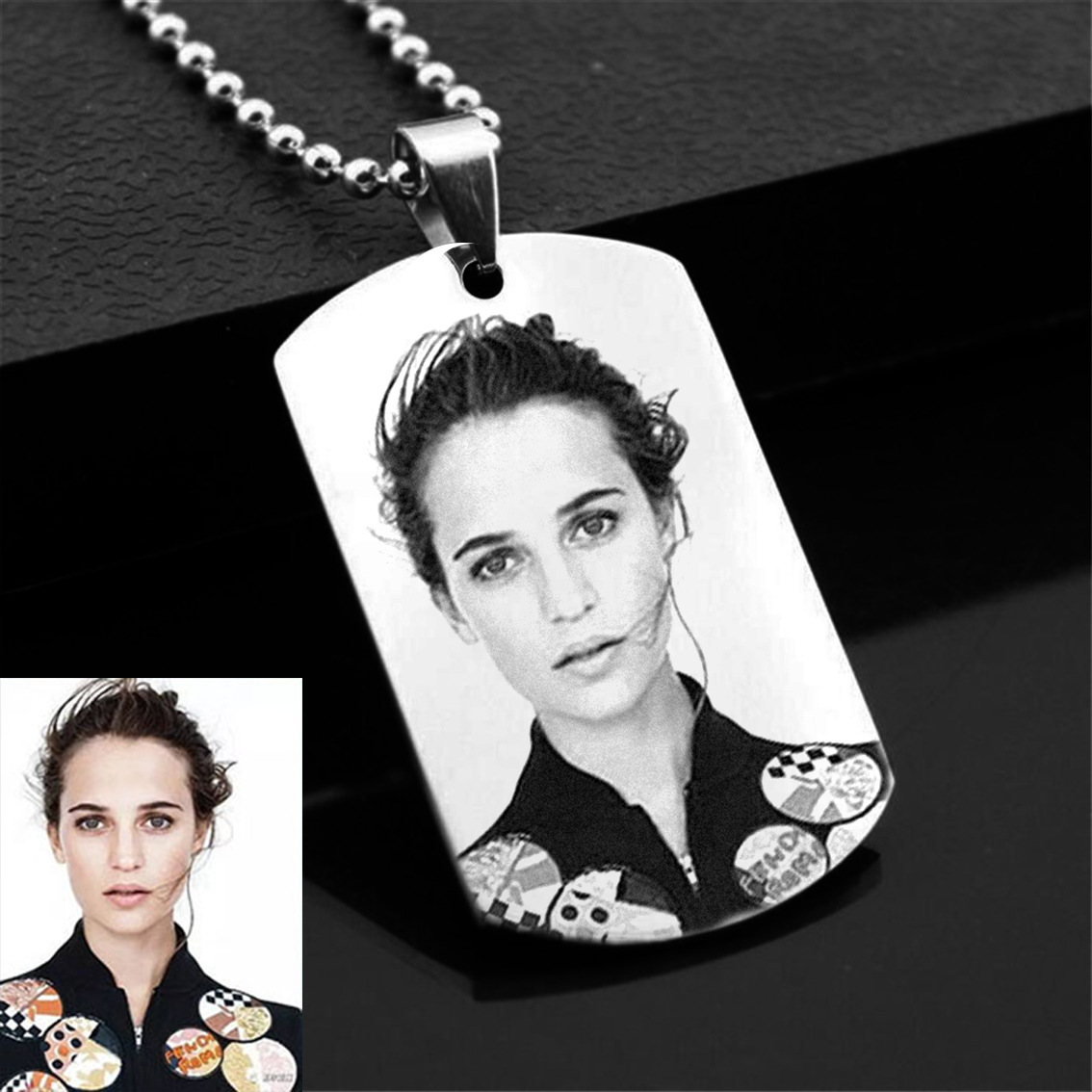 Explosive Photo Photo Laser Engraving Military Brand Stainless Steel Necklace Black And White Waterproof,
