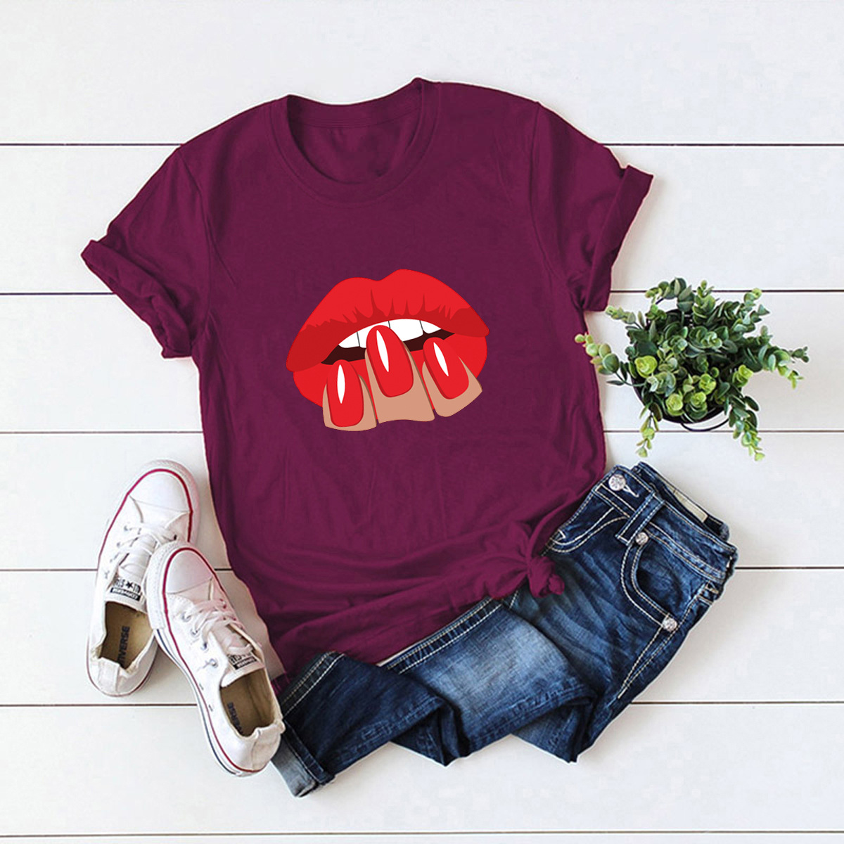 sexy labios rojos cómoda camiseta de manga corta NSSN1472