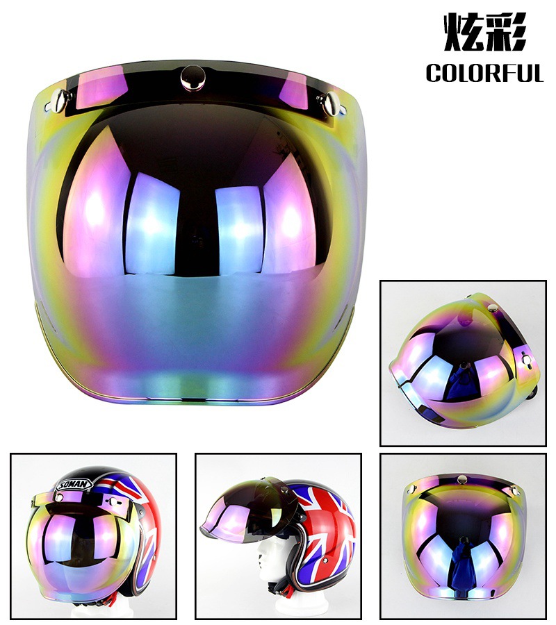 Motorcycle Helmet Lens Retro Half Helmet Bubble Mirror Three-Button Windproof Lens with Bracket 3/4 Helmet Goggles