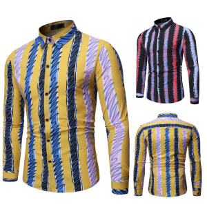 Fashionable casual stripe Lapel men’s long sleeve flower shirt