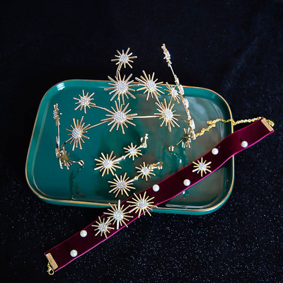 新款简约欧式水钻珍珠颈带颈链耳环套装新娘头饰结婚婚纱礼服配饰|ru