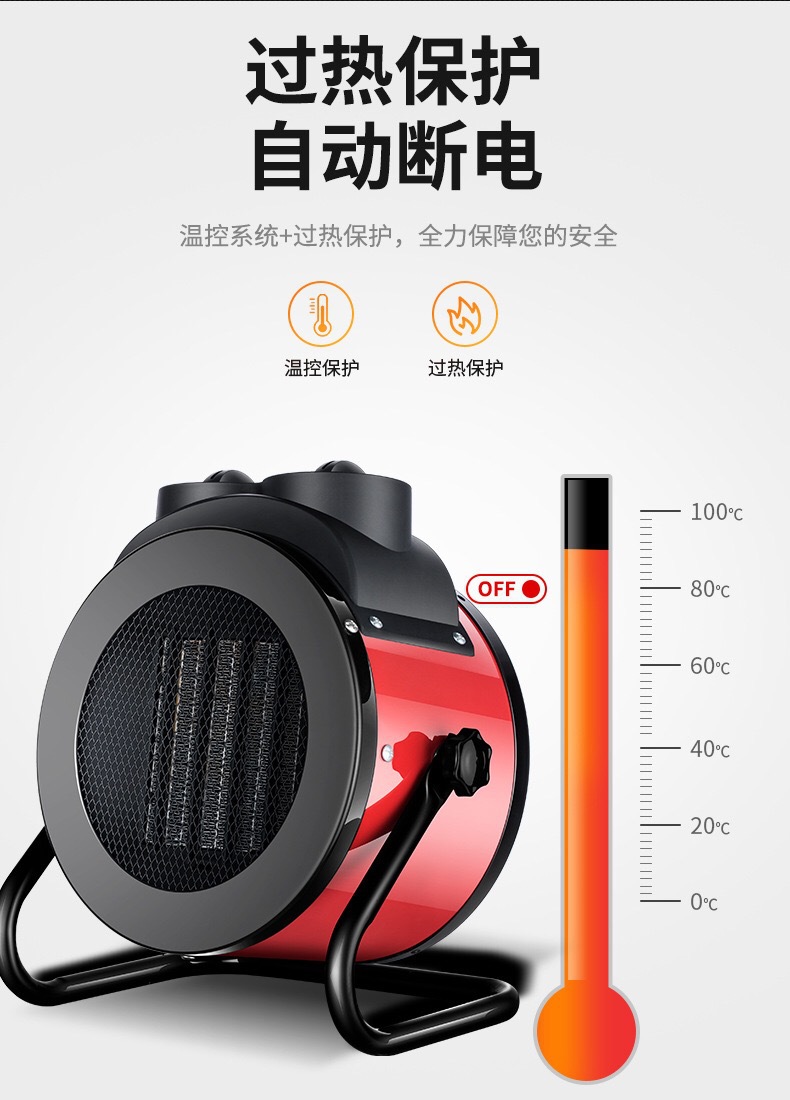 Export European standard 2KW220V ceramic PTC warm air blower, heater, hot air blower with dual knobs and temperature control, 1 piece, 8 units, color box packaging, English instruction manual detail image 1