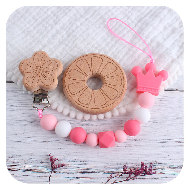 Nueva Flor de dibujos animados chupete clip de juguete de haya mordedor bebé de silicona Rosa corona chupete cadena anti-gota cadena