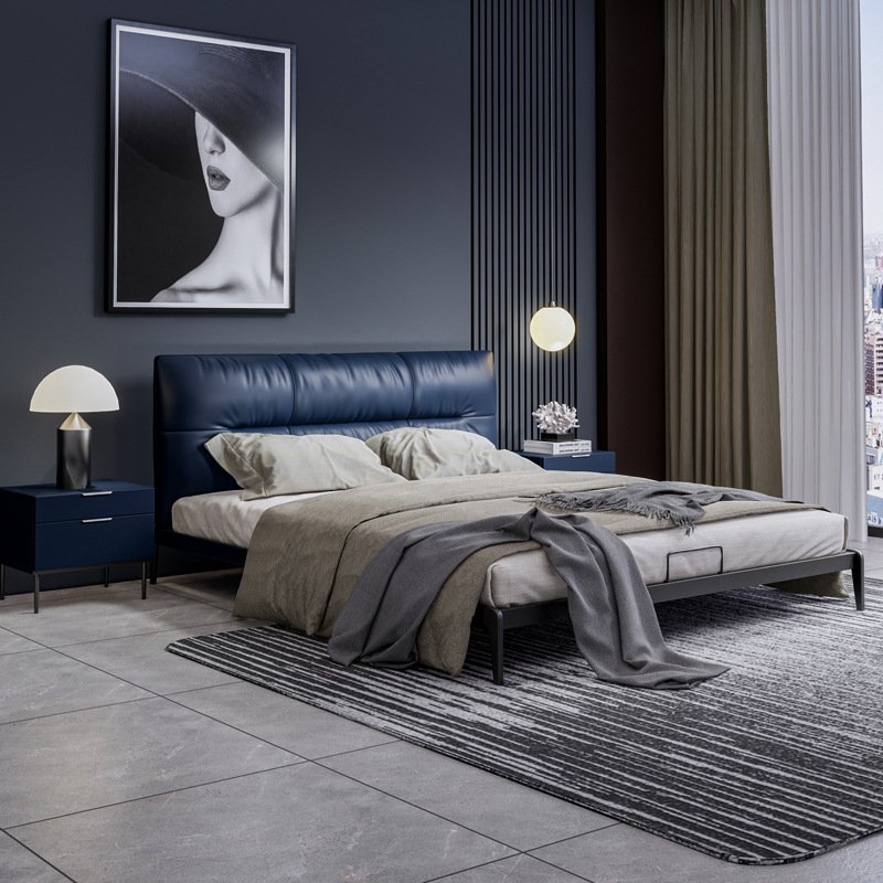 Cama de Cuero Genuino Yihai Xuan, Muebles de Dormitorio, Estructura de Hierro de 1.5 Metros, Cama de Cuero de Primera Calidad, Estilo Minimalista Italiano