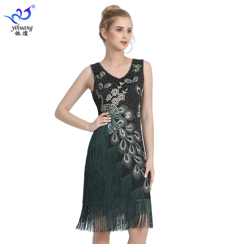 1920s Sequin Small Dress Retro Sequin Tassel Dance Dress Plus Size Double V Neck Dress Prom Party Small Dress