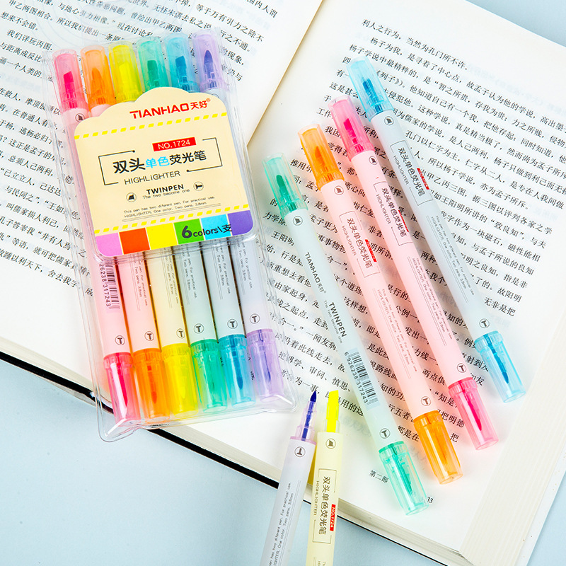1724 de doble cabeza color resaltador estudiante DIY diario pluma 1PVC Bolsa 6 colores 6 piezas oblicuo cabeza redonda marcador pluma
