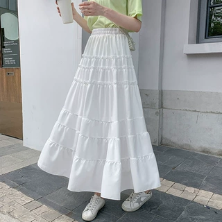 白色中长款蛋糕裙2021女A字长款半身裙仙女雪纺长裙裙子大裙摆