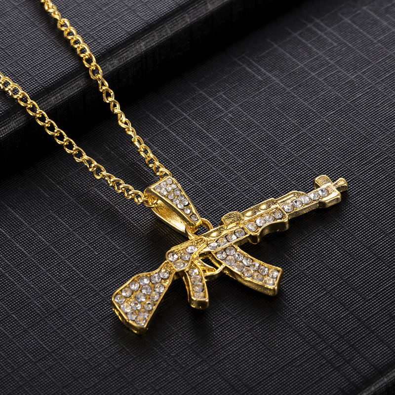 European and American Full Diamond Machine Gun Chain Necklace Personalized Creative Submachine Gun Pendant Sweater Chain Hip-Hop Punk Style Pistol European and American Full Diamond Machine Gun Chain Necklace Personalized Creative Submachine Gun Pendant Sweater Chain Hip-Hop Punk Style Pistol