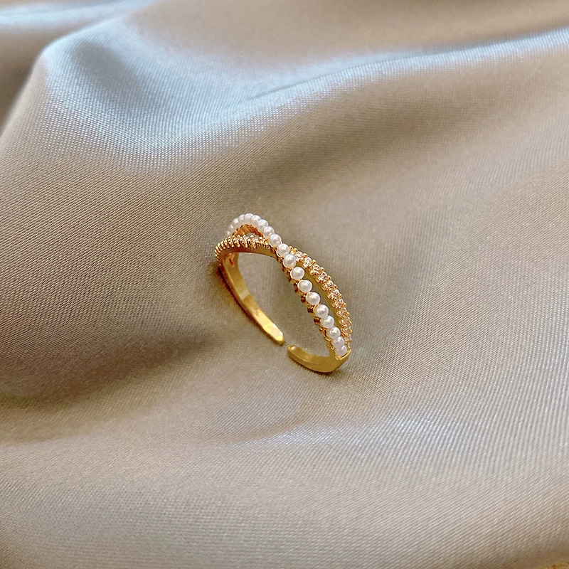 Ring from pearl, small design zirconium, light luxury style, high-quality style, on index finger