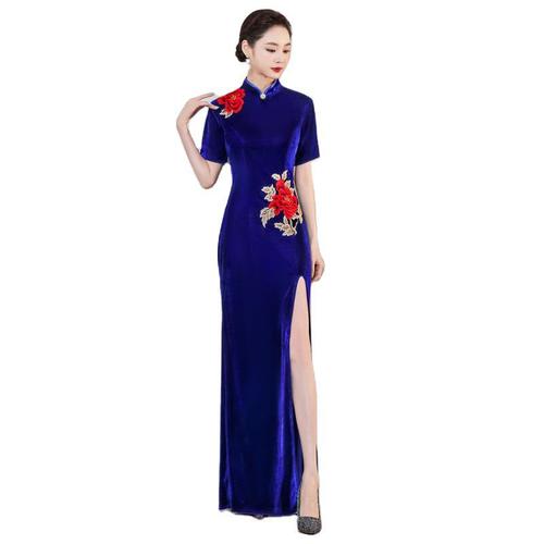 Chinese Dress Qipao for women cheongsam Cheongsam blue long sleeve cashmere cheongsam show show performance banquet embroidered cheongsam