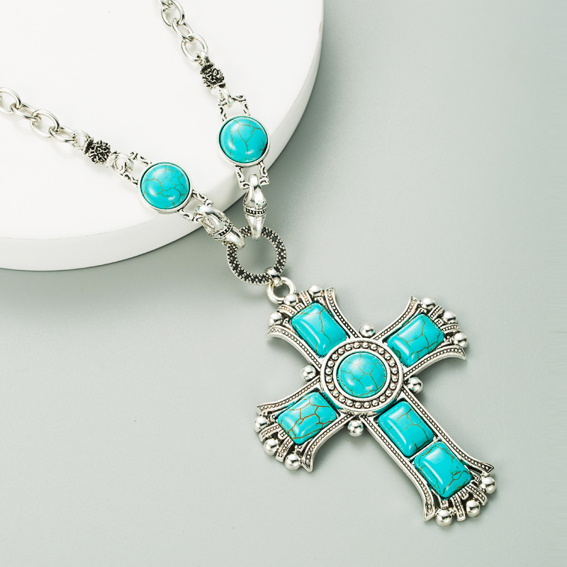 Retro Exaggerated Cross Shape Multi-layer Alloy Inlaid Turquoise Necklace display picture 2